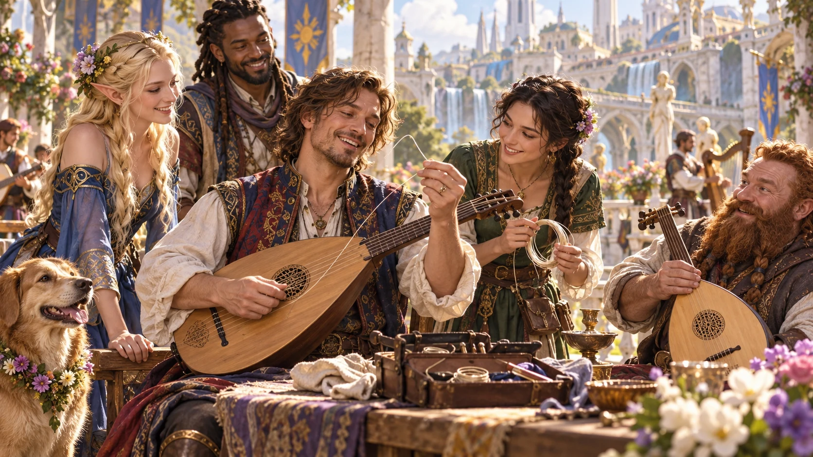 A group finds a quick fix for a broken lute string in a garden.