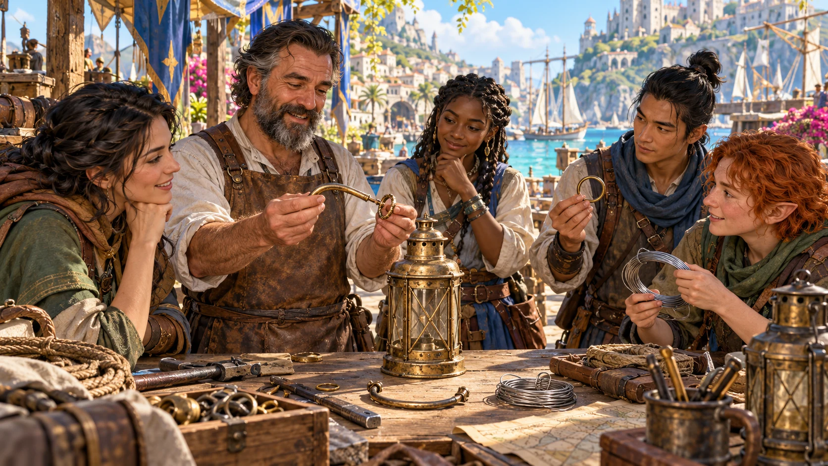 People consider a worn lantern handle and a practical repair at a harbour.